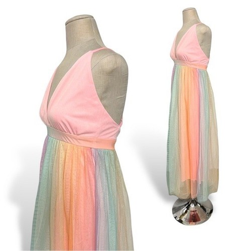 Pink Fairy Prom Dress Rainbow Tulle Long Maxi Adjustable Strap Empire Waist M - Picture 3 of 5
