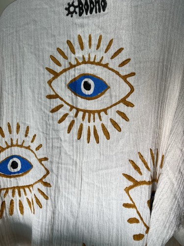 Hand Painted Bodho Evil Eye Kimono Robe Beachwear Bathrobe Boho Festival VTG OS - Picture 8 of 15