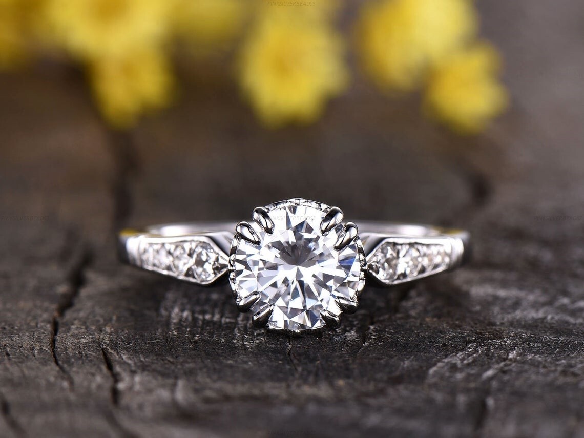 14k White Gold Natural Moissanite Diamond Engagement Art Deco Ring For Women
