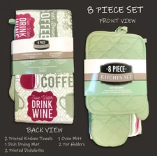 8PC SET - Drying Mat, Kitchen Towels, Dishcloths, Mitt, Pot Holders Coffee Wine