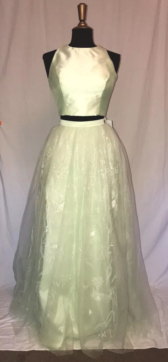 light green two piece prom dress Light Mint Two Pieces Prom Dress With Tiered Skirt