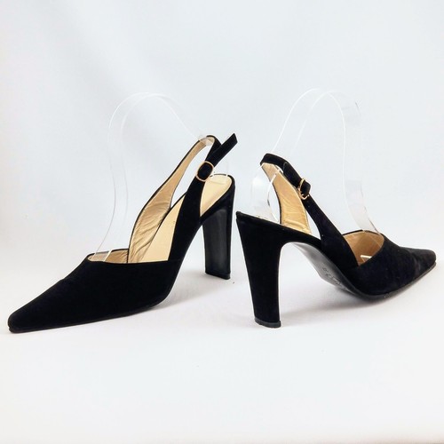 Michel Perry Black Suede 7 Slingback Pumps LBD Business Cocktail Posh Goth Italy - Picture 4 of 12