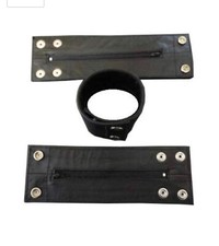 Genuine Leather Black Wristband Armband Zipper Pocket Wrist Bands Small