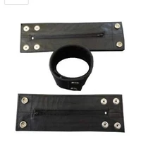 Genuine Leather Black Wristband Armband Zipper Pocket Wrist Bands Small