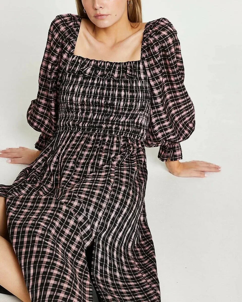 RIVER ISLAND Dress Pink Black Check Gingham Frill Midi Dress UK 8