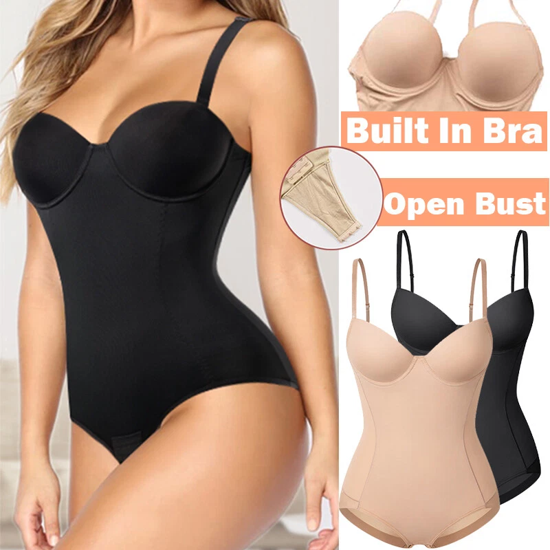 Women Seamless Built In Bra Bodysuit Open Bust Padded Slimming Body Shaper  Tops