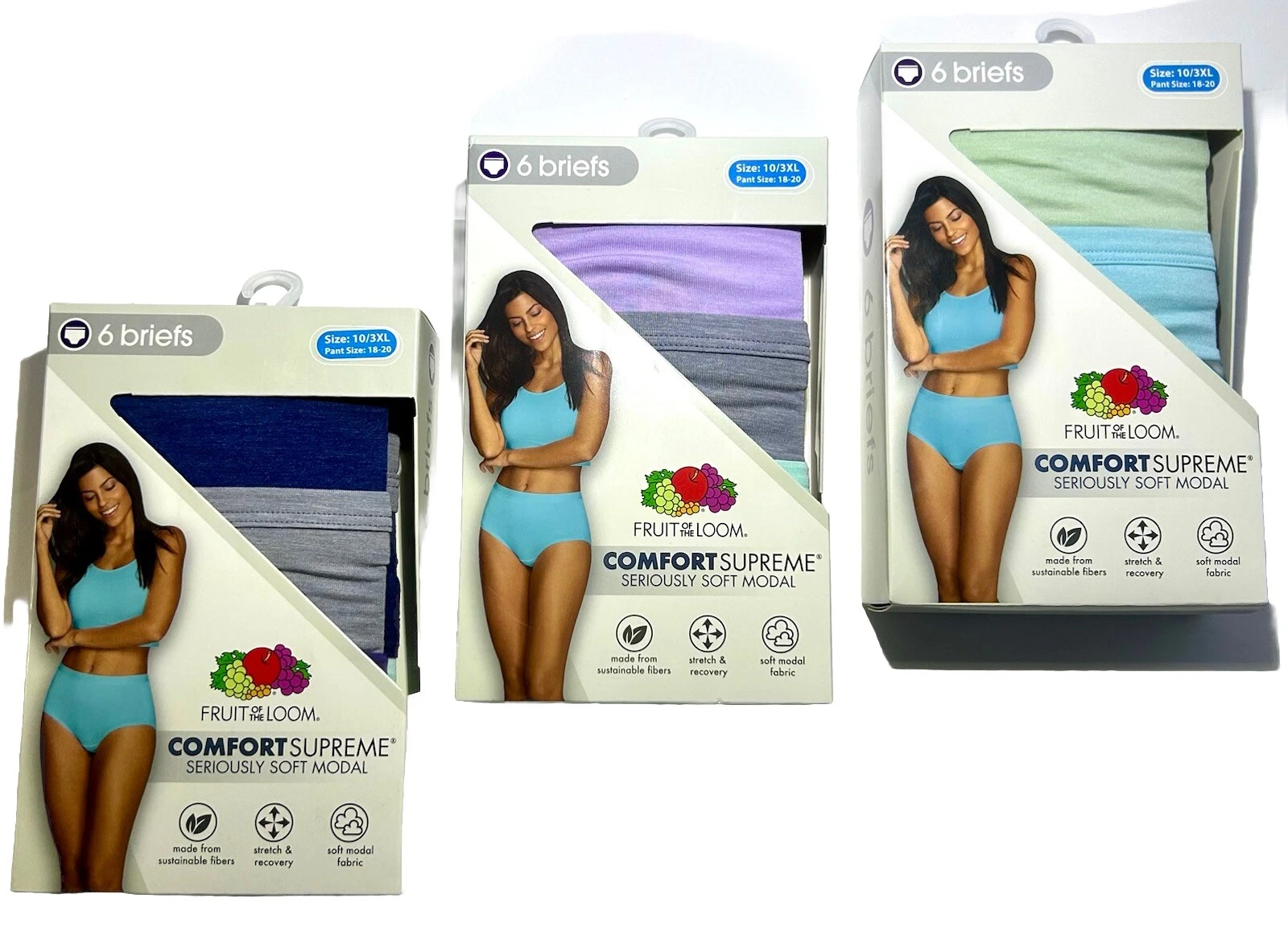 Lot de 6 slips femme Fruit of The Loom Comfort Supreme neufs tailles M, L, XL, 3XL