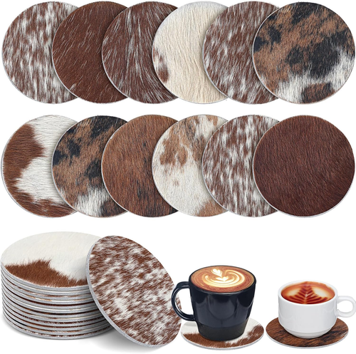 Hushee 12 Pcs Cowhide Coasters round Natural Leather Cowhide Drink Coasters for - Picture 10 of 12
