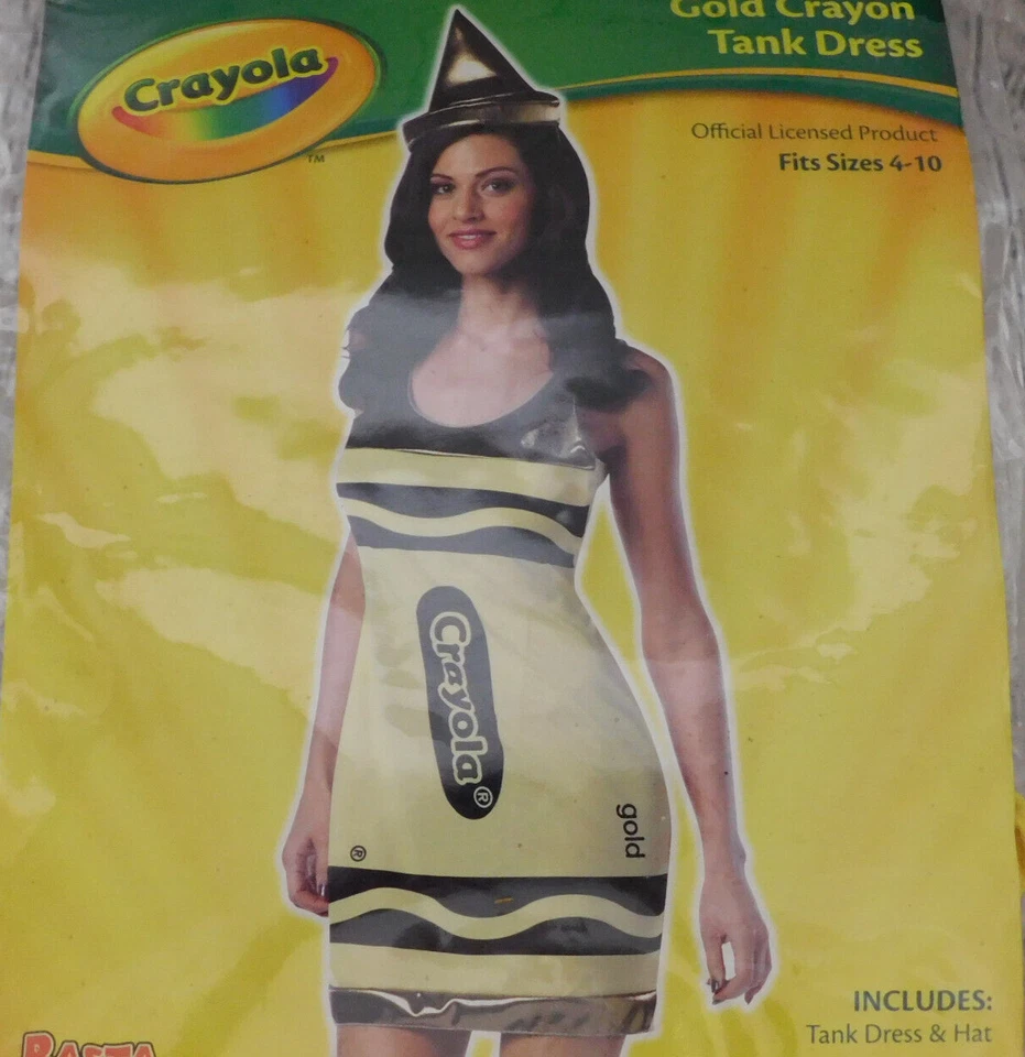 Mujeres/Adolescentes Sexy Crayola Dorado Crayón Tanque Vestido Disfraz Conjunto y Sombrero TALLA 4-10 Foto 2 de 4