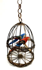 Wicker Rattan Bird Cage with 2 Colorful Hand Carved Wooden Parrots