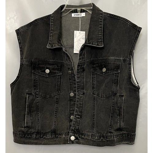 Etossell Women's Denim Jean Sz M Vest Classic Sleeveless Jacket Pockets Button