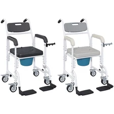 HOMCOM Shower Wheelchair, Commode Wheeled Chair with Backrest, Locking Wheels