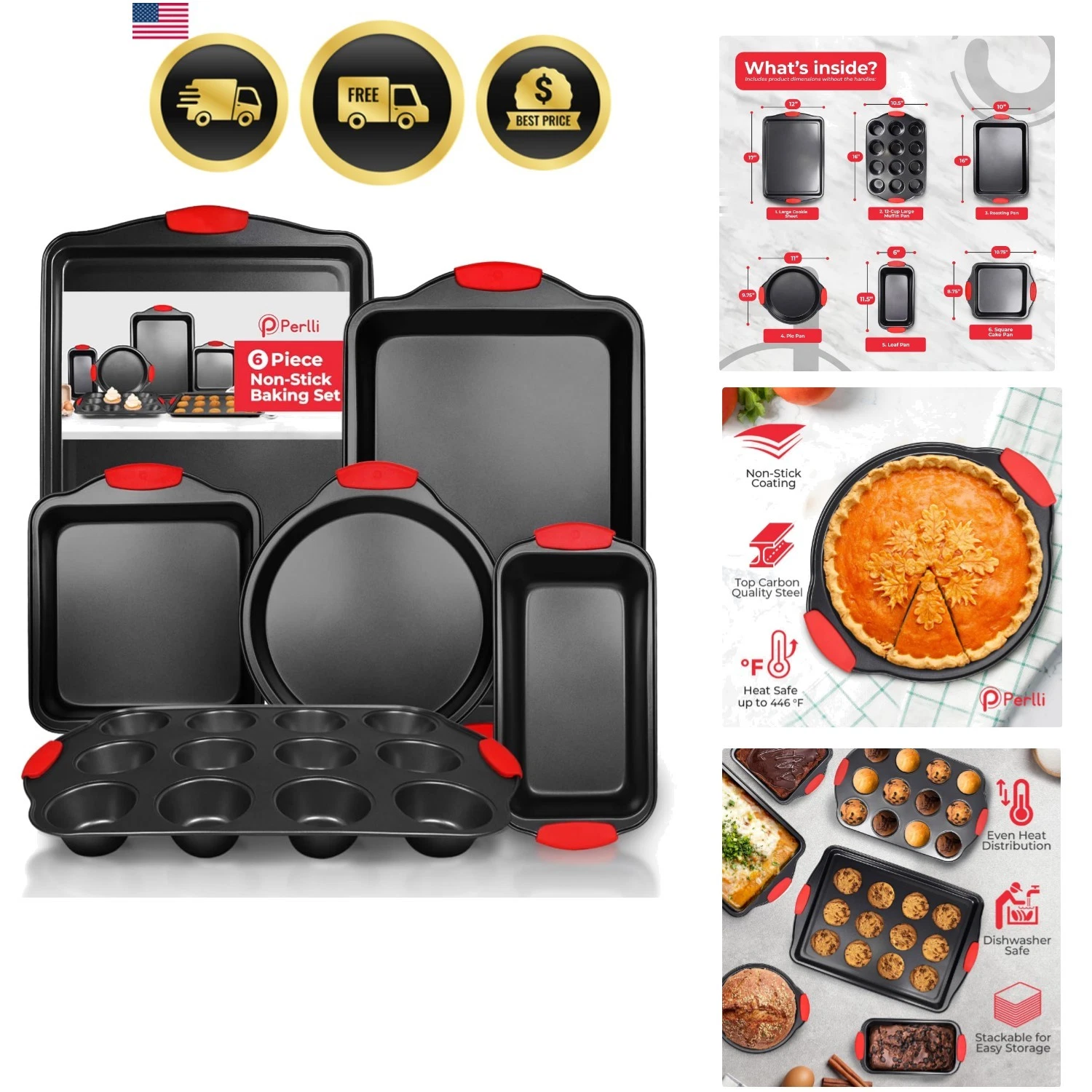 Non-Stick 6-Piece Baking Pan Set, BPA-Free Carbon Steel Bakeware Set with Sil...