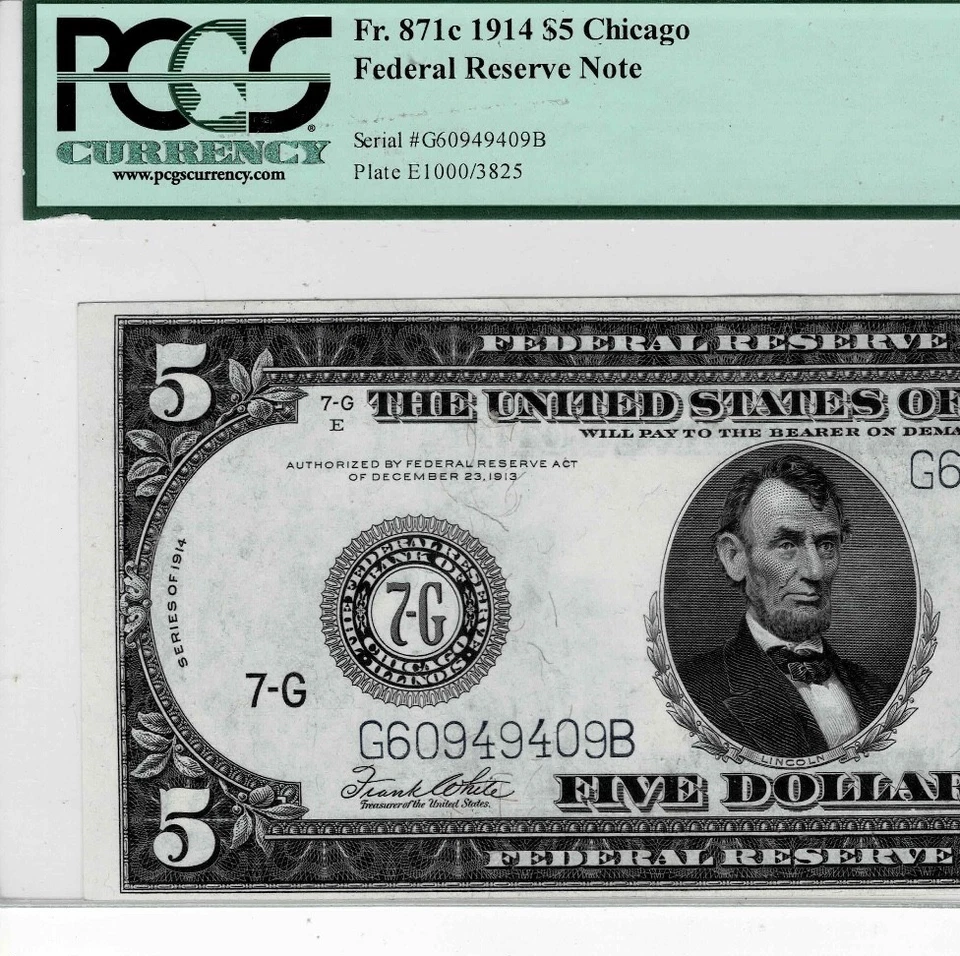1914 $5 Federal Reserve Note (Chicago) fr.871c--PCGS UNC 64 PPQ - Image 3 of 4