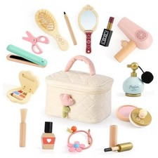 Wooden Makeup Toy Set, 15Pcs Hair Salon Girl Toys Toddler Pretend Play Makeup