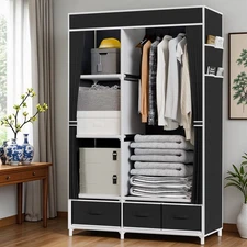 Portable Closet Organizer Bedroom Wardrobe w/ 3 Drawer 4 Shelves Clothes Storage