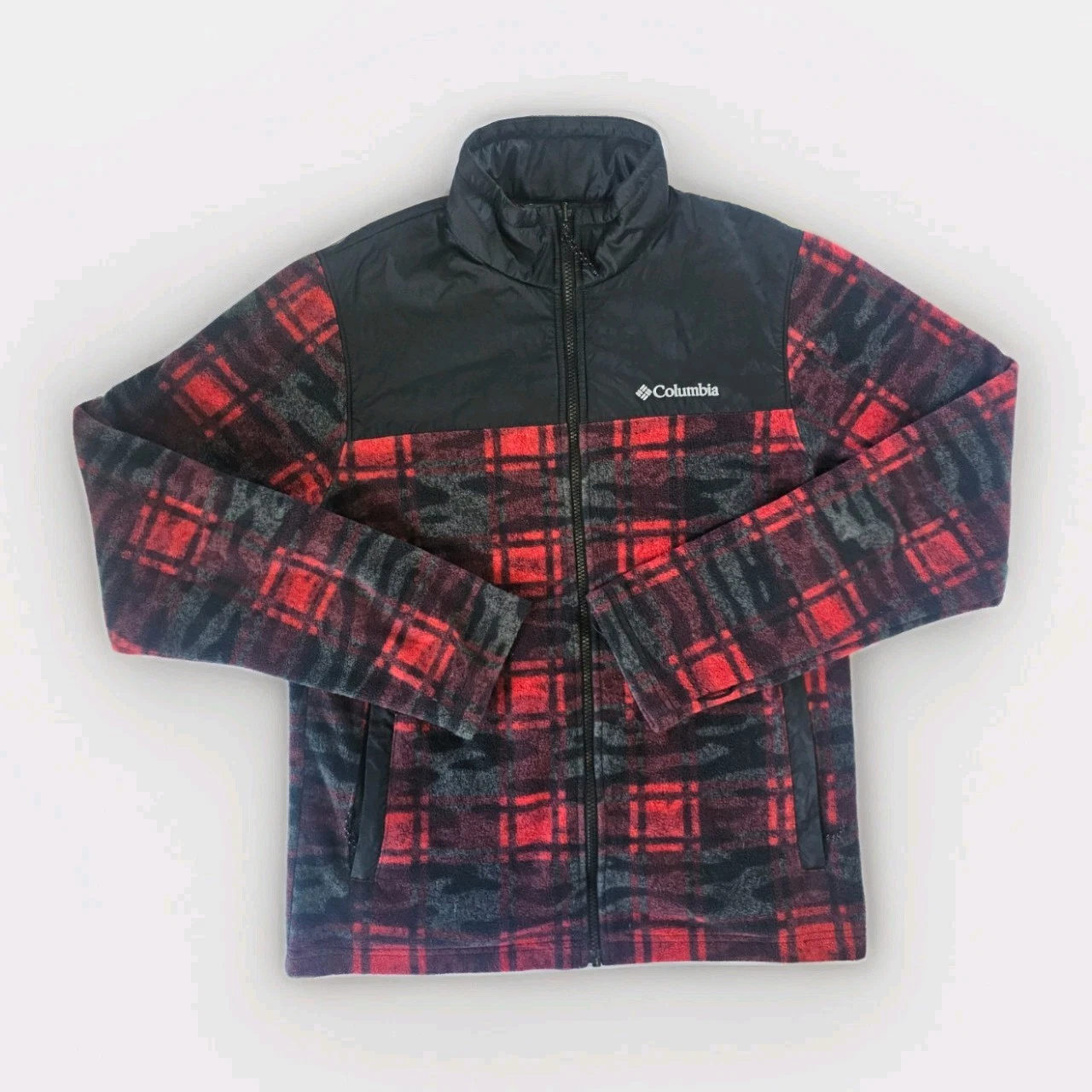Columbia Fleece Jacket Size Small Black/Red Plaid w/Camo Accents Full Zip Unisex