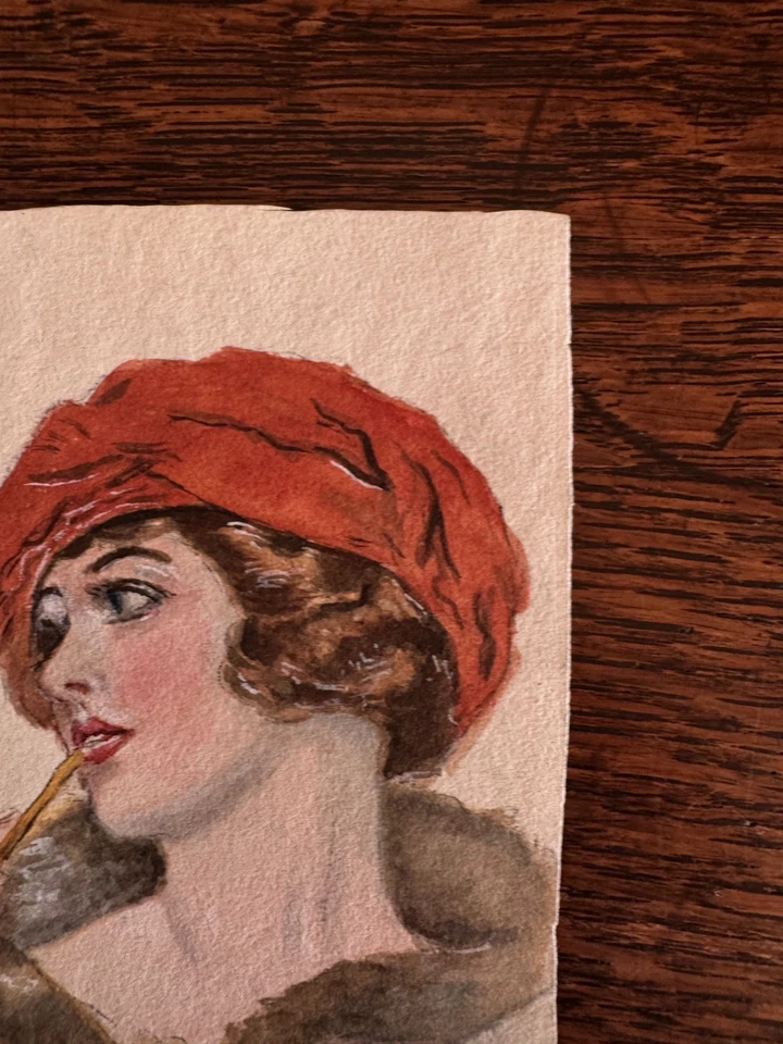 Estola de piel de moda de mujer pintura acuarela vintage de 1920 WC Vincent 4 x 6 Foto 3 de 4