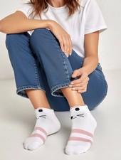 CUTE CAT Womens White Pink Stripe Trainer Low Cut Socks One Size UK 4-7 EU 36-40