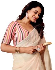 Women's Cotton Linen Printed Ready To Wear With Pocket Saree with Blouse Piece