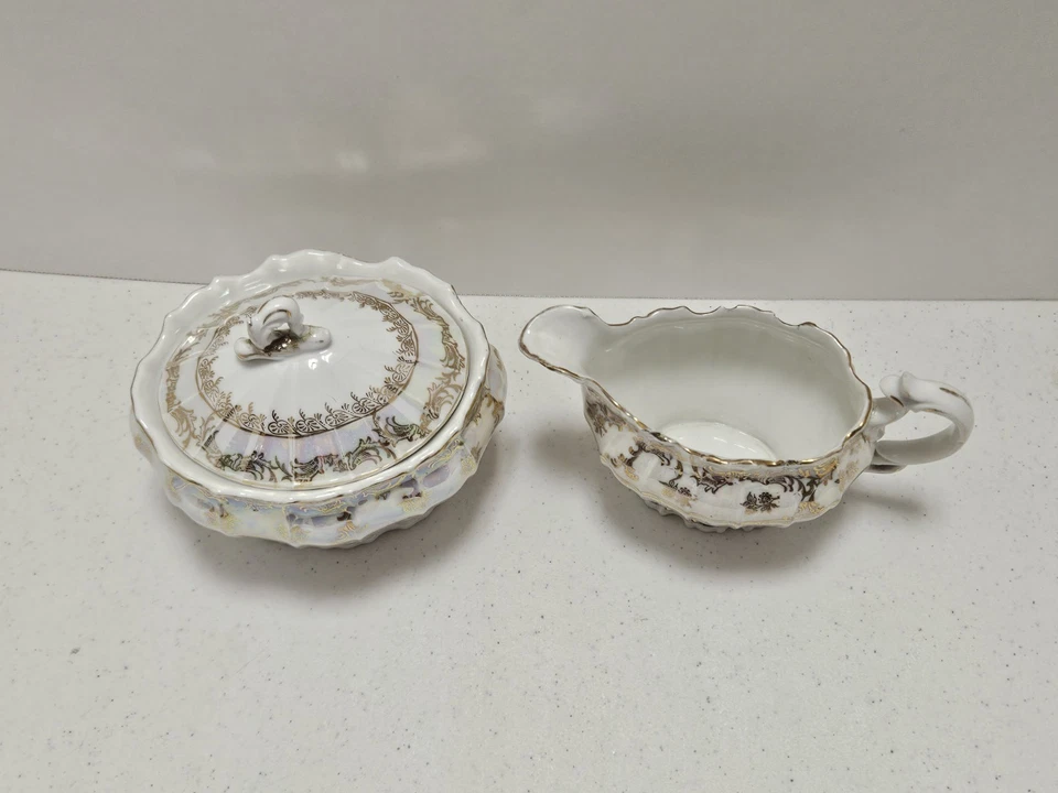 Antiguo Blanco con Oro y Rosa Rosa Esmalte Opalescente Estilo Limoge Azúcar y Crema Foto 2 de 4