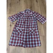 Vintage Plaid Snap Front House Dress Red Blue White Eyelet Lace Trim Duster Robe