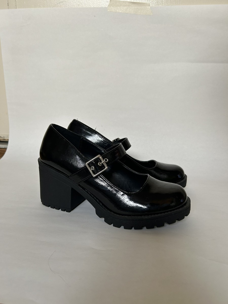 Soda Y2K Chunky Heels Black Shiny Maryjane Platform Shoes 2000s