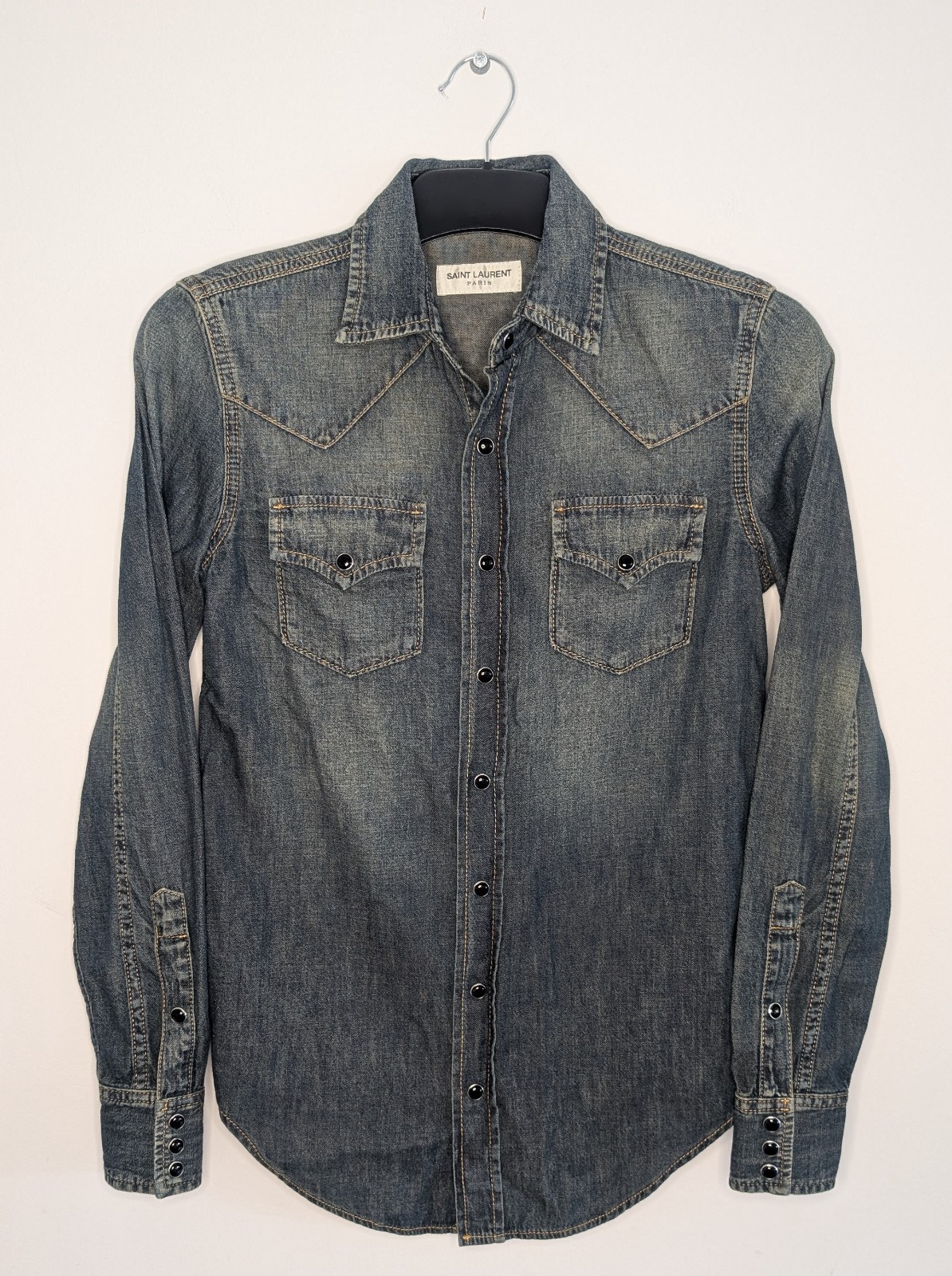 Yves Saint Laurent Camicia Denim Uomo XS Blu Western Snap Perla Bottoni