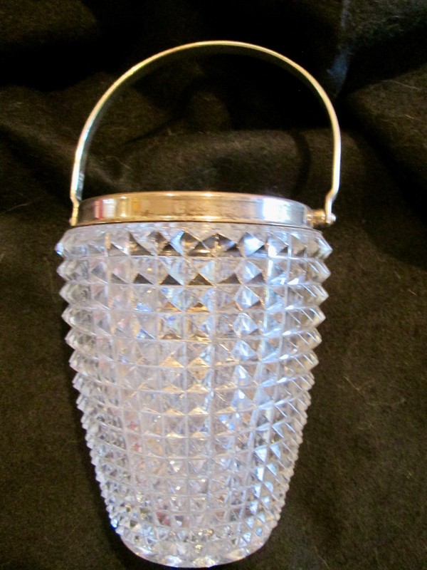 Vintage Ice Bucket Featuring Diamond-Cut Glass And Silver Plated Handle & Rim!!!