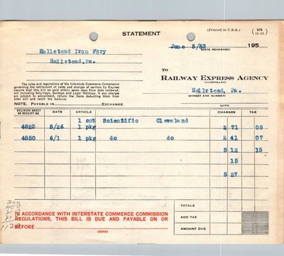 Railway Express Agency REA 1953 Billing Statement Hallstead PA Foundry