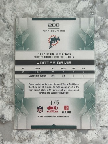 2009 Donruss Limited Phenoms /5 Vontae Davis #200 Rookie - Foto 2 di 2