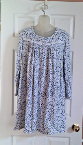 Eileen West Nightgown M 100% Cotton White Lavender Purple Green Floral Pintucks