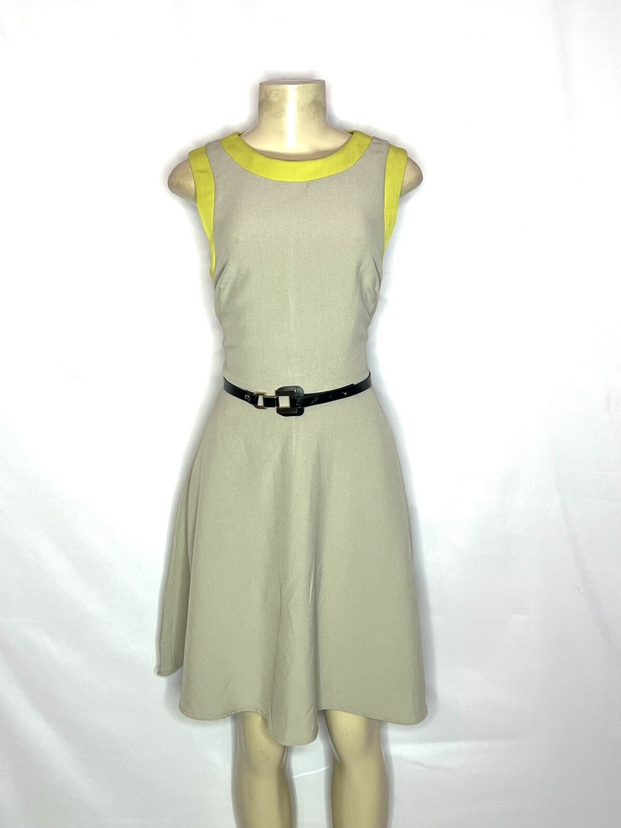 MUSE BRAND BEIGE A LINE BELTED DRESS W/ CHARTRUESE TRIM SIZE 10