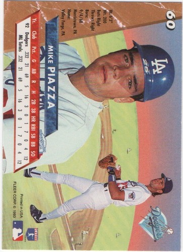 1993 Fleer Ultra Baseball MIKE PIAZZA Base RC #60 Dodgers - Picture 2 of 2
