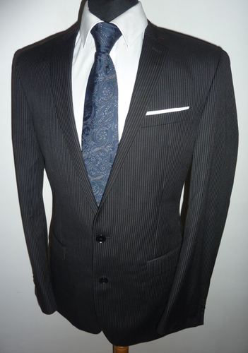 NEXT Mens Black Stripe Wool 2 Piece Suit 40 R Tailored Jacket Trousers W 32 L 31 - Picture 4 of 9