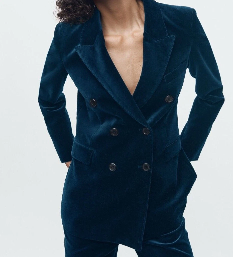 COSTUME FEMME ZARA ZW COLLECTION VELOURS BLAZER DOUBLE POITRINE BLEU 9129 082 NE