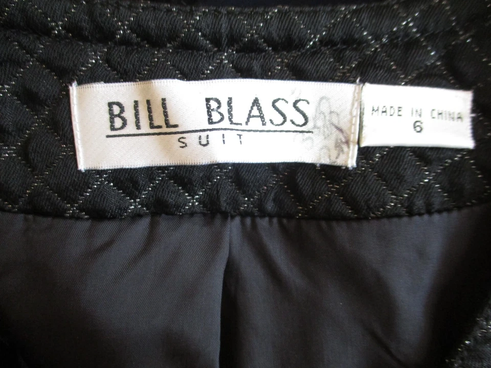De Colección Bill Blass Falda Traje Pequeño Mujer Negro Acolchado Hilo Plateado Chaqueta Cuadrada Foto 4 de 4