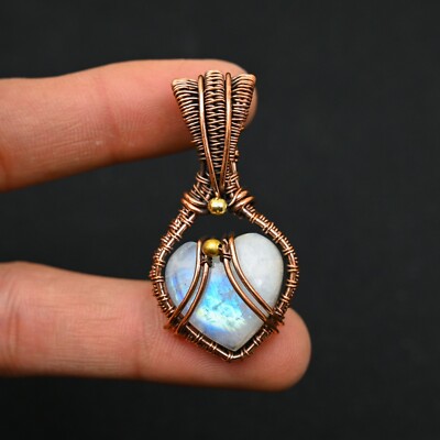 Rainbow Moonstone Gemstone Copper Wire Wrapped Pendant Handmade Jewelry Gift