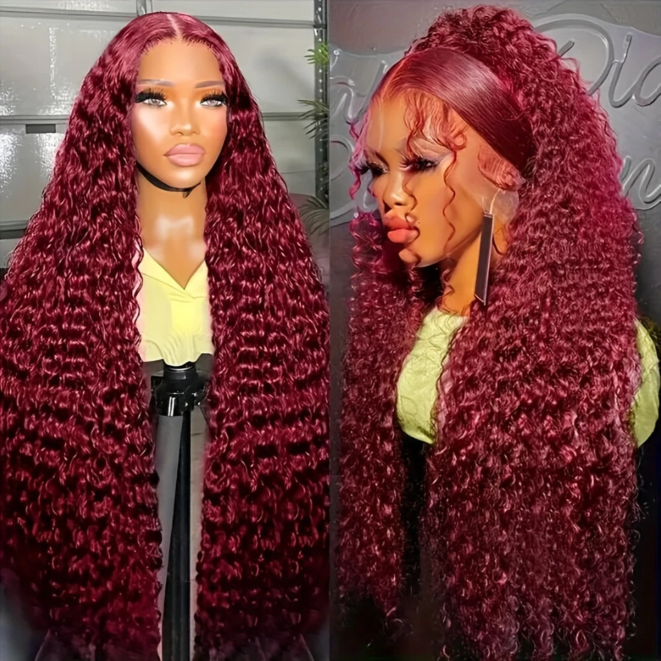Long Curly Lace Front Wigs Burgundy Wine Red Hair Pre Plucked Natural Hairline - Image 2 of 4
