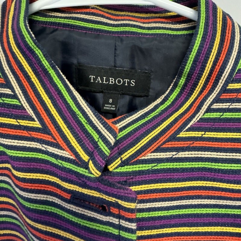 Talbots Women's Rainbow Striped Blazer Jacket Sz 8 Mandarin Collar Green Yellow