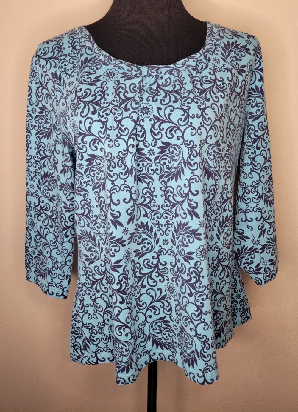 Croft & Barrow Knit Top Shirt Women's XL 3/4 Sleeve Turquoise Print