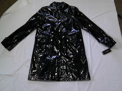 Style & Co. MOD 60's Style WET LOOK Black PVS Snap Front Mini Raincoat S NWT NOS