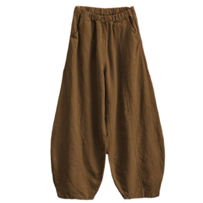 Damen Leinen Baggy Hose Gummibund Tiefer Schritt Kung Fu Weites Bein Hose