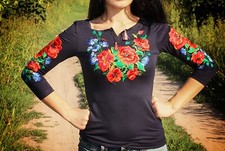 Vyshyvanka Traditional Embroidered Women Ukrainian blouse Ethnic Size L , black