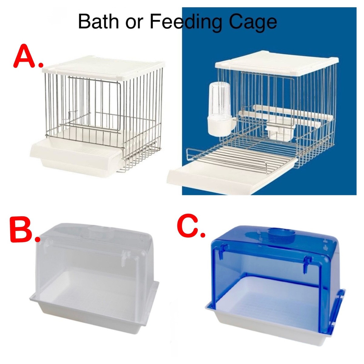 Large Bird Cage Bath for Finch, Canary, Budgie Parakeet -Hooks In Cage In  Option