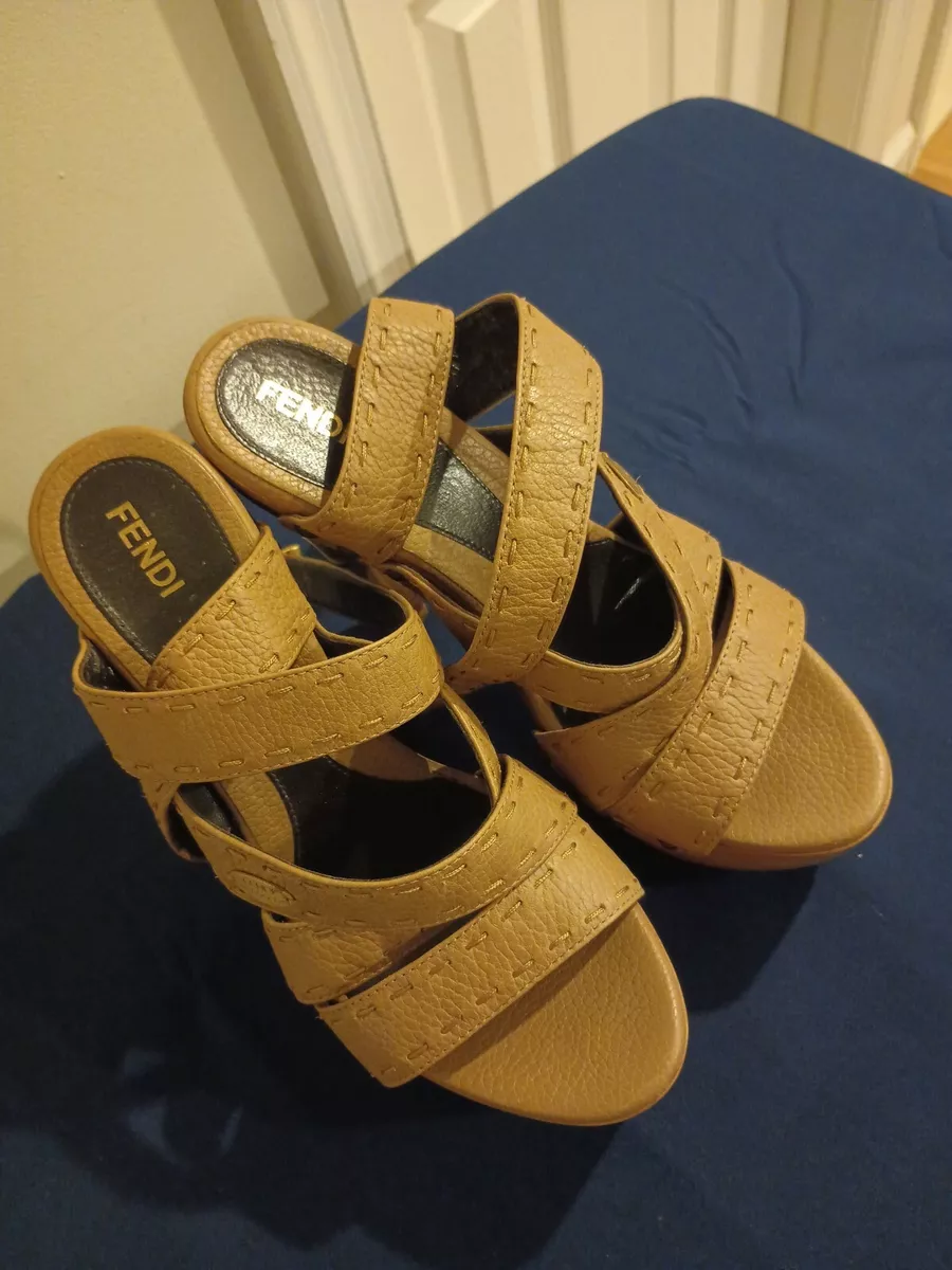 FENDI tan Leather Wooden Platform Heels Ankle Strap Sandals Size