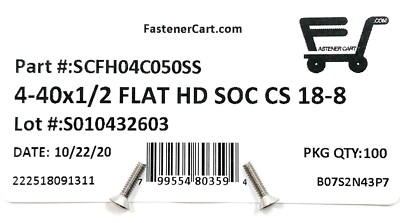 100) 4-40X1/2 Flat Head Socket Cap Screw Stainless Steel Allen