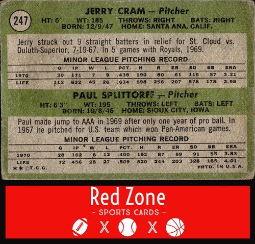 1971 Topps - #247 Royals 1971 Rookie Stars (Jerry Cram / Paul Splittorff) VG - Picture 2 of 2