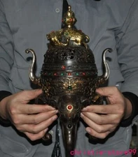 12.4" China bronze inlay Gem Gilt fengshui animal elephant Incense burner Censer