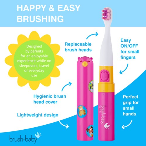 Brush Baby Go-Kidz Electric Toothbrush Pink with Brush Head Cover and Stickers - Picture 5 of 6
